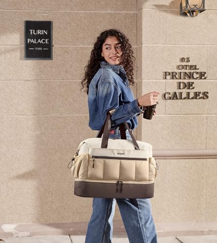 LOVEVOOK Travel Duffel Bag, Weekender Bags for Women, Large Overnight Bags with Shoe Compartment, 38L Carry on Gym Hospital Bag with Wet Pocket, 2 Pcs - color: Light Apricot-Coffee-Beige, size: Large-2 Pcs