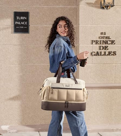 LOVEVOOK Travel Duffel Bag, Weekender Bags for Women, Large Overnight Bags with Shoe Compartment, 38L Carry on Gym Hospital Bag with Wet Pocket, 2 Pcs - color: Light Apricot-Coffee-Beige, size: Large-2 Pcs