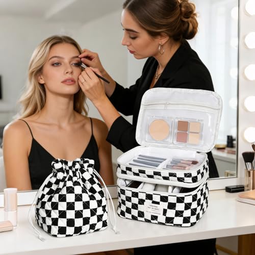 Gosect Makeup Bag, Quilted Cosmetic Bag Set, Drawstring Makeup Bag with Canvas Lining, Large Floral Toiletry Bag for Women Girls, Cute Cotton Flower Travel Organizer Bag (Checkered Pattern - color: Checkered Pattern