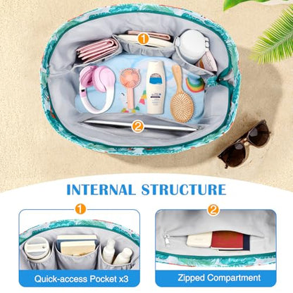 HUANLANG Large Beach Bags for Women Pool Bag with Zipper, Waterproof Sandproof Beach Tote Travel Bag with Wet Pocket - color: Green Forest Flamingo
