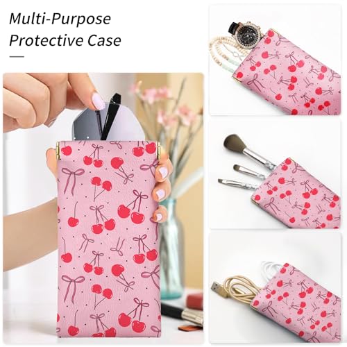 Glasses Case Soft, Eyeglass Cases for Women Portable Squeeze Top PU Leather 2 Pack Glasses Pouch with Cleaning Cloth - color: 2pcs Cherry Bow
