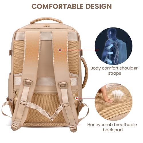 LOVEVOOK Travel Backpack For Women,40L Carry On Backpack Flight Approved,TSA Personal Item Travel Bag Fits 17 Inch Laptop,Business Weekender Overnight Daypack with Toiletry Bag and Cubes - color: Light Khaki, size: 17.3 Inch-40L-4Pcs
