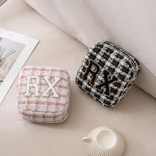 uekeboag Personalized Small Checkered Medicine Cosmetic Bag, Cute Plaid Pattern Chenille Letter Patch RX Drug Pouch with Zipper, Makeup Travel Gift Bag for Women and Girls (08 Pink Checkered) - color: 08Pink Checkered
