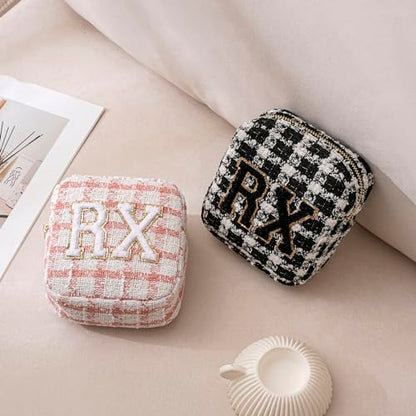 uekeboag Personalized Small Checkered Medicine Cosmetic Bag, Cute Plaid Pattern Chenille Letter Patch RX Drug Pouch with Zipper, Makeup Travel Gift Bag for Women and Girls (08 Pink Checkered) - color: 08Pink Checkered