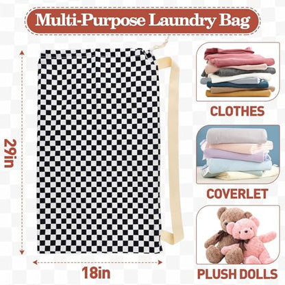 Laundry Bag, Dirty Backpack Laundry Bag For College Travel Laundromat Apartment, With Handles 29" X 18" (Black White Checkered) - color: Black White Checkered
