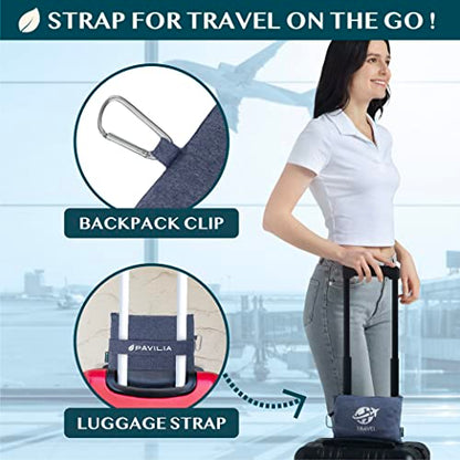 PAVILIA Travel Blanket Compact, Airplane Packable Bag, Soft Fleece Portable Throw Pillow Combo Set, Plane Flight Car Trips Essentials Gift Accessories, Luggage Backpack Clip, Navy Blue, 65 x 40 inch - color: Navy
