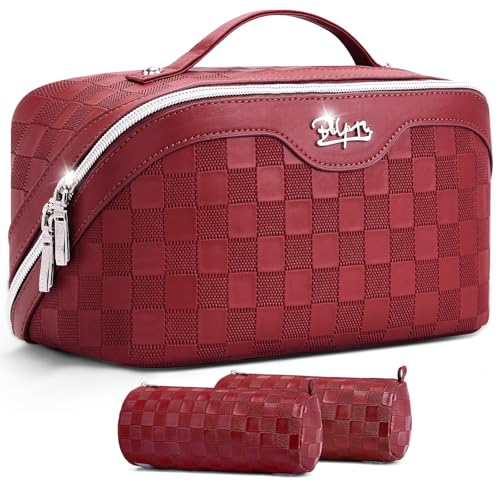 BOYATU Travel Makeup Bag Organizer: 3 Pcs Set Large Capacity Cosmetic Bags Holds 10–20 100ml Full-Size Bottles - 180°Open-Flat Make up Case 3-sec touch-up - Toiletry Bag Gift women (03-A-Red) - color: 01-F-Red