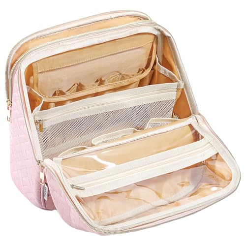 Makeup Bag, Large Capacity with Room for Brushes and Mirror, Travel Makeup Organizer, Portable Standing Make Up Case, Waterproof Cosmetic Bags with Handle, Color Pink - color: Pink