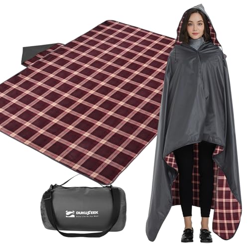 DUKUSEEK Stadium Blanket Waterproof Windproof, Outdoor Hooded Blankets for Camping, Sporting Events, Picnic and Car - Insulated Foldable Blanket and Throws - color: Black-red-plaid