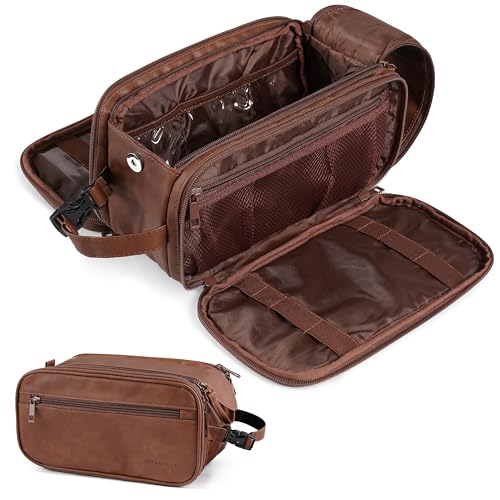 PAVILIA Toiletry Bag for Men, Hanging Travel Dopp Kit Organizer, PU Leather Water Resistant Bathroom Bag for Shaving Grooming, Large Capacity Cosmetic Bag Travel Essentials, Brown - color: Brown, size: Large (10.5x5.5x6)