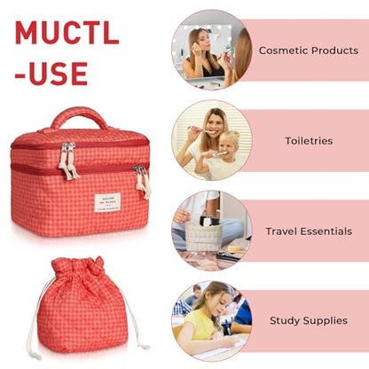 Gosect Makeup Bag, Quilted Cosmetic Bag Set, Drawstring Makeup Bag with Canvas Lining, Large Floral Toiletry Bag for Women Girls, Cute Cotton Flower Travel Organizer Bag(Red Flower - color: Red Flower