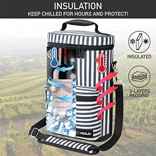 opux Wine Bag 2 Bottle Wine Tote Carrier, Insulated Wine Cooler Bag for Travel Picnic, Leakproof Portable Padded Case, Wine Gifts For Women Men Wine Lovers Christmas, Navy White Stripes - color: Navy Stripes