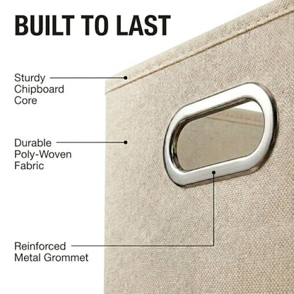 Fabric Storage Bins 6 Piece Set, Strong Poly-Woven Fabric, Sturdy Chipboard Sides, Grommet Front Handle, Stackable and Foldable, Classic Design, Cream - color: Cream, size: 11” L x 11” W x 11” H