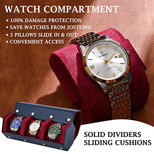 ROSELLE Luxury Leather Watch Roll Travel Case for Men and Women,Travel Watch Case Holds 3 Watches Storage & Display,Designed for steel watch bands &leather metal rubber and bracelets - color: Dark Blue/Red-3