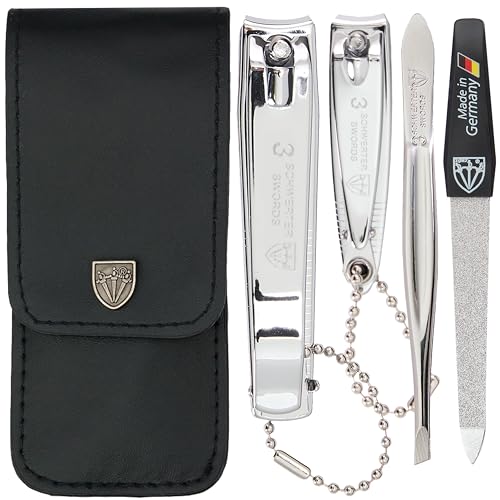 3 Swords Germany - Brand Quality 4 Piece Manicure Pedicure Grooming kit Set for Professional Finger & Toe Nail Care Tweezers File Clipper Fashion Leather case in Gift Box, Made by 3 Swords (77211) - color: Black