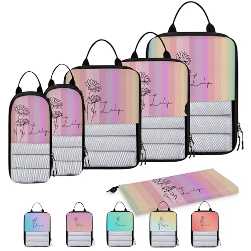 Custom 6 Set Compression Packing Cubes for Travel, Personalized Lightweight Luggage Organizer Bags with Name & Birth Flower, Expandable Large Expandable Packing Organizer, April Gradient - color: Rainbow