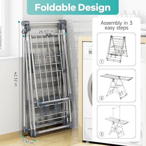 APEXCHASER Clothes Drying Rack with High Hanger, Foldable 3-Level Drying Racks with Shoe Rack, Crossbar and Vertical Rod Laundry Stand with Adjustable Wings Grey - color: Gray, size: 2 Wings