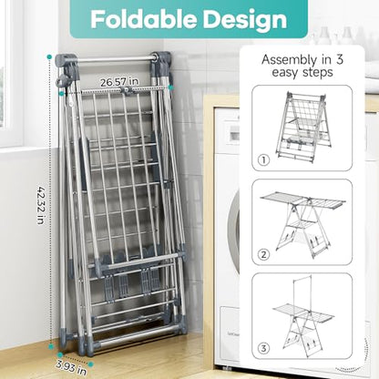 APEXCHASER Clothes Drying Rack with High Hanger, Foldable 3-Level Drying Racks with Shoe Rack, Crossbar and Vertical Rod Laundry Stand with Adjustable Wings Grey - color: Gray, size: 2 Wings