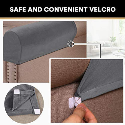 PrinceDeco 2 Pack Thick Velvet Stretch Armrest Covers for Chairs and Sofas - Non Slip, Grey - color: Grey