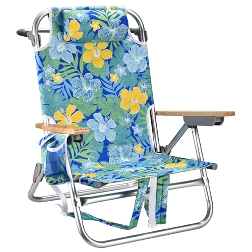 Backpack Beach Chairs for Adults Capacity 300 LBS Low 5 Position Beach Chair with Pouch Straps Folding Lightweight Reclining Aluminum Wide Lay Flat Single - color: 10in Wood Yellow Flower 1 Pack