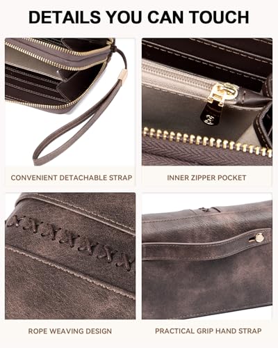 BOSTANTEN Wallets for Women Leather RFID Double Zipper Around Credit Card Holder Large Capacity Wristlet Clutch Wallet - color: T-coffee