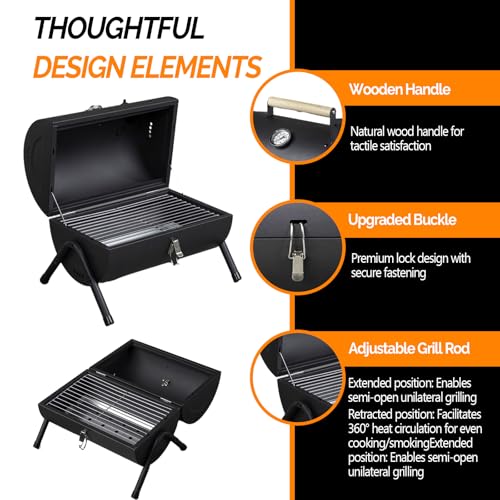 VINGLI Portable Charcoal Grill with Thermometer & Wooden Handle, Multi-functional Metal Compact Tabletop BBQ Outdoor Charcoal Grill for Camping Travel Picnic Patio - style: One-Side