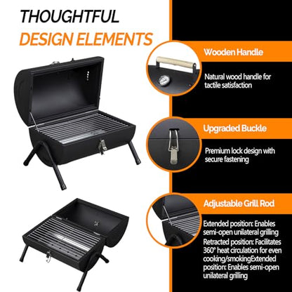 VINGLI Portable Charcoal Grill with Thermometer & Wooden Handle, Multi-functional Metal Compact Tabletop BBQ Outdoor Charcoal Grill for Camping Travel Picnic Patio - style: One-Side