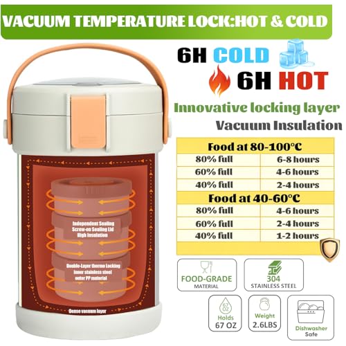 67 oz Audult Hot Food Thermo, Insulated Food Container,2L 3 Layer Insulated Lunch Box Kit Stainless Steel Vacuum Soup Food Thermo Stackable Hot Food Jar Bento Box for Men, Women-Green - color: Green(dark bag）