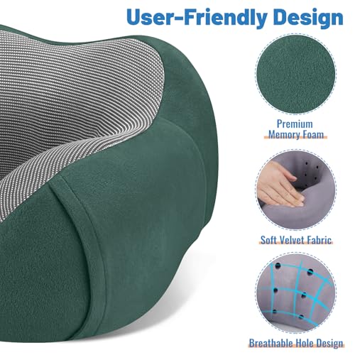 CloudBliss Travel Pillow for Airplane, Memory Foam Neck Pillow for Travel, Compact Flight Pillow with Eye Mask, Earplugs, Carry Bag,Travel Neck Pillow for Long Flight Sleep, Plane Accessories, Green. - color: Green