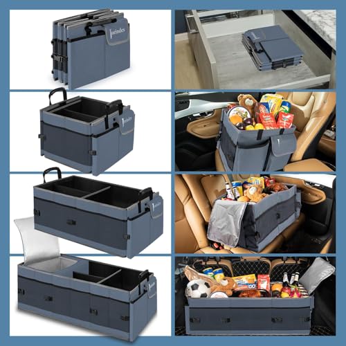 Trunk Organizer with Built-in Insulated Leak Proof Cooler Bag,Collapsible Cargo Organizer for SUV with Non Slip Bottom Strips,3 Large Compartments Foldable Waterproof Portable Car Storage Box XL - color: Grey with Cooler Bag