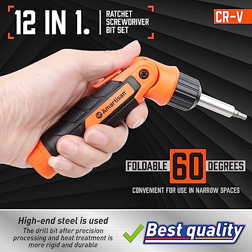 Amartisan 12-in-1 Multi Bit Screwdriver, Ratchet Screwdriver, 60-Degree Adjust Precision Screw Driver, Slotted/Philips/Torx/Square/Hex - color: Orange, size: 12-in-1 Multi-bit Screwdriver Set