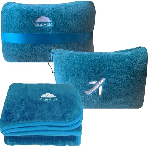 BlueHills Travel Blanket Pillow in Mini Soft Case Premium Plush Airplane Blanket in Soft Bag Compact Pack with Luggage Belt and Backpack Clip Airline Car 2 in 1 Traveler Essentials - Teal Blue M03 - color: Teal-m03