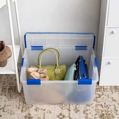 IRIS USA WeatherPro 60 Qt Storage Bins with Lids, 3 Pack, BPA-Free Plastic Gasket Box with Tight Latch and Seal, Stackable Nestable Tote Tub - Clear/Blue - size: 60 Qt. - 3 Pack