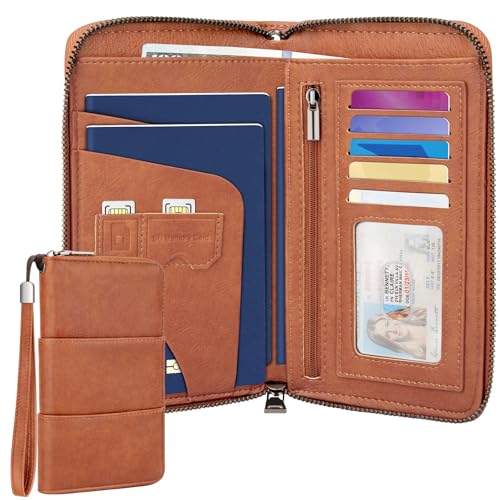 Family Passport Holder Wallet with Zipper, RFID Blocking Travel Document Organizer, PU Leather Passport Wallet for Women Men, Passport Cover Travel Wallet for Boarding Pass, ID, Money, Ticket - color: Brown