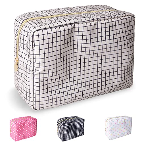Nylon Large Checkered Makeup Bag Travel Pouch for Women, Big Preppy Makeup Bag Cute Cosmetic Zipper Pouch Purse,Waterproof Toiletry Bag Clutch Makeup Brush Organizer Pouch for Ladies Girls(Checkered) - color: Checkered, size: Large