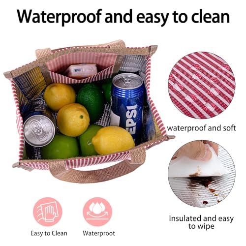 Insulated Lunch Bag for Work, 10.2"x5.9"x10.2" Oxford Waterproof Striped Canvas Tote Bag - color: Red White