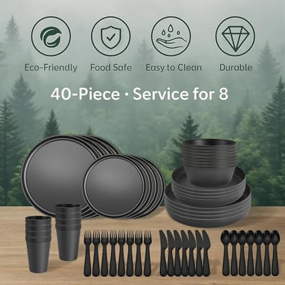 40 Piece Plastic Dinnerware Set for 8 with Cutlery, Unbreakable Plates and Bowls Set, Dishwasher & Microwave Safe Reusable Dish Set for Camping, RV, Outdoor Kitchen, Apartment Dining,Rainbow Multicol - color: Tropical