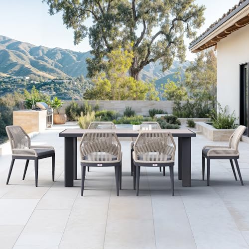 PURPLE LEAF 7 Pieces Patio Dining Set Aluminum Rectangular Table and Wicker Chairs with Cushions for Kitchen Porch Garden Modern Outdoor Furniture Sets, Beige and Dark Grey - color: Beige/Dark Grey, size: 7 PCS, style: Rectangular