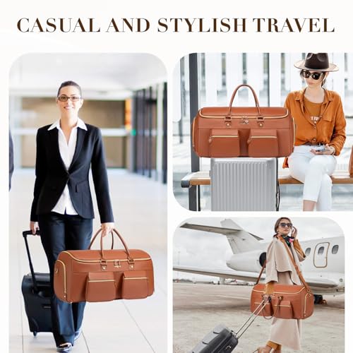 Suit Bag,Vessgra 56L Garment Bags for Travel,2 in 1 Leather Duffle Bags for Men Women, PU Leather Convertible Travel Bag with Shoe Compartment,Work Weekender Bussiness Wedding,Reddish Brown - color: Reddish Brown