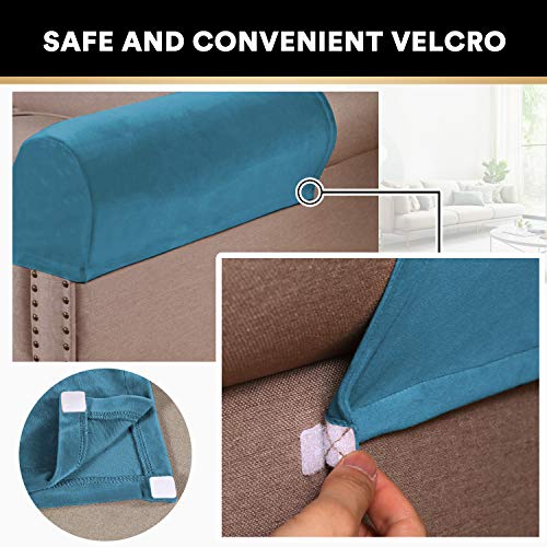 PrinceDeco 2 Pack Thick Velvet Stretch Armrest Covers for Chairs and Sofas, Non Slip, Blue - color: Blue