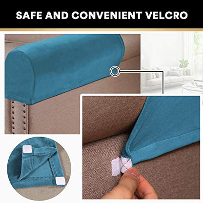 PrinceDeco 2 Pack Thick Velvet Stretch Armrest Covers for Chairs and Sofas, Non Slip, Blue - color: Blue