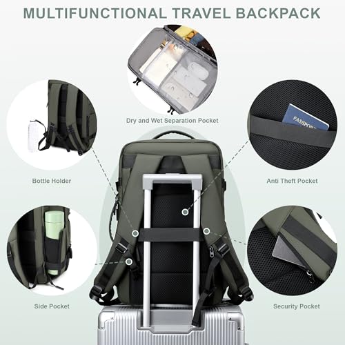 BAGOK Carry On Travel Backpack, 35L-40L Expandable Extra Large Airline Approved,Lightweight Daypack for Men and Women（Green） - color: Green, size: Large