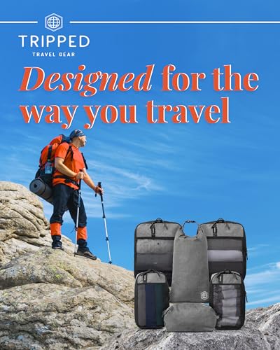 Compression Packing Cubes for Travel by TRIPPED – 6-Piece Premium Set with Laundry & Shoe Bag, Space Saving Travel Organizer Bags for Suitcase & Carry-On Luggage (Grey Mesh) - color: Grey Mesh - 6 Piece