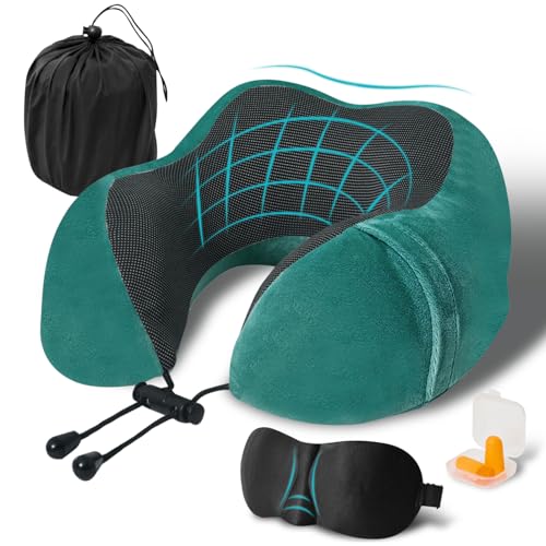 Travel Pillow, Memory Foam Neck Pillow for Traveling, U Shape Neck Pillow Airplane Portable Flight Pillow Travel Kit with 5D Contoured Eye Masks and Earplug for Plane Train Car Home Office - color: Green
