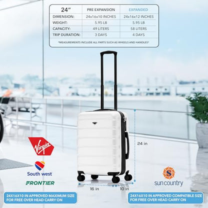 Flight Knight 24x16x10 Expandable Carry On Suitcase Hardside TSA Lock USB C Lightweight Luggage Silent Double Spinner Wheels Maximum Overhead Carry-On Bag For Virgin South West Approved White - color: White, size: 24x16x10"