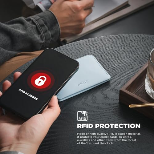 VULKIT Slim Minimalist Card Holder RFID Blocking Leather Credit Card Holder Front Pocket Wallet Magnetic Closure - color: Sky Blue