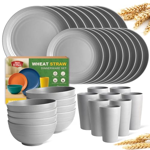 Teivio 32-Piece Kitchen Plastic Wheat Straw Dinnerware Set, Service for 8, Dinner Plates, Dessert Plate, Cereal Bowls, Cups, Unbreakable Colorful Plastic Outdoor Camping Dishes, Light Gray - color: Light Gray