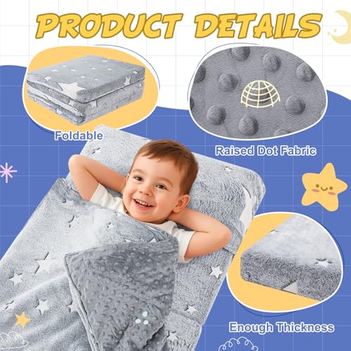 Preschool Nap Mat with Pillow and Blanket, 21" x 50" Glow Sleeping Bag Toddler Nap Mat for Daycare Kids, 2" Thick All in one Foldable Floor Mattress for Girl Boys - style: Star Pattern