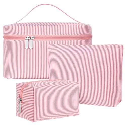 Huhumy 3 Pieces Makeup Bag Set for Women Cute Seersucker Cosmetic Pouch Travel Toiletry Bag Preppy Small Makeup Purse Pouch Aesthetic Skincare Brushes Storage Organizer for Women(Rose Pink) - color: Rose Pink