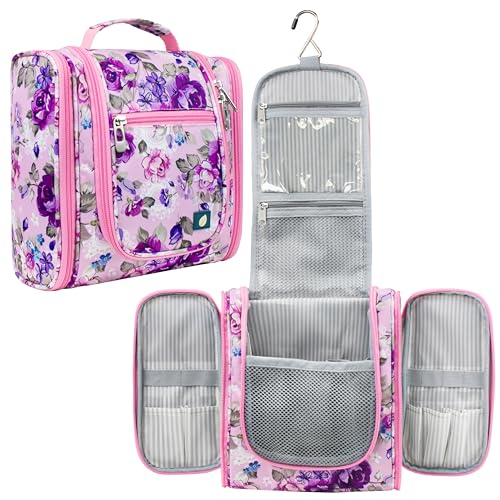 PAVILIA Toiletry Bag Travel Bag for Women Men, Hanging Cosmetic Organizer, Water Resistant Makeup Bag for Accessories Toiletries, Large Travel Essentials Kit (Floral Pink) - color: Floral Purple, size: Standard (9x4x9)